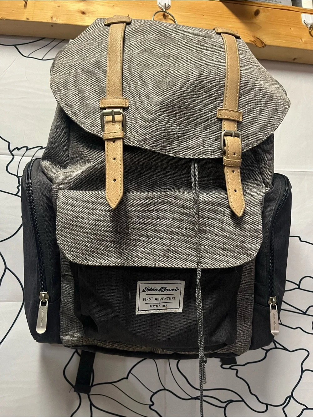 Eddie Bauer First Adventure Gray & Tan Herringbone Diaper Bag Backpack (rack)